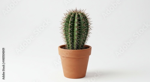 Green Cactus in Terracotta Pot on White Background