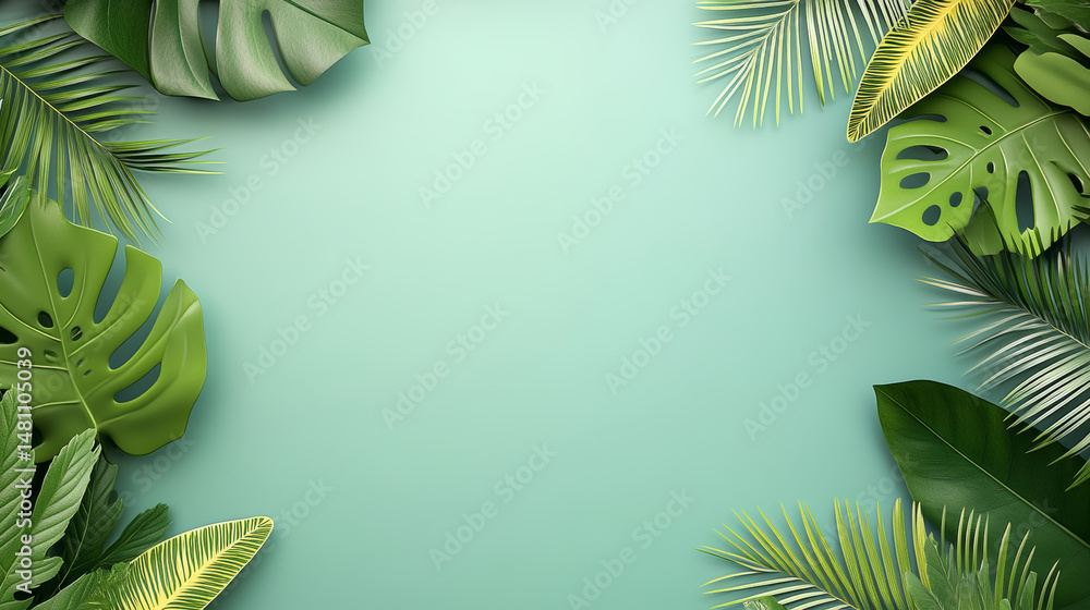 Naklejka premium This is a vibrant and stylized illustration featuring a frame or border of lush tropical foliage.