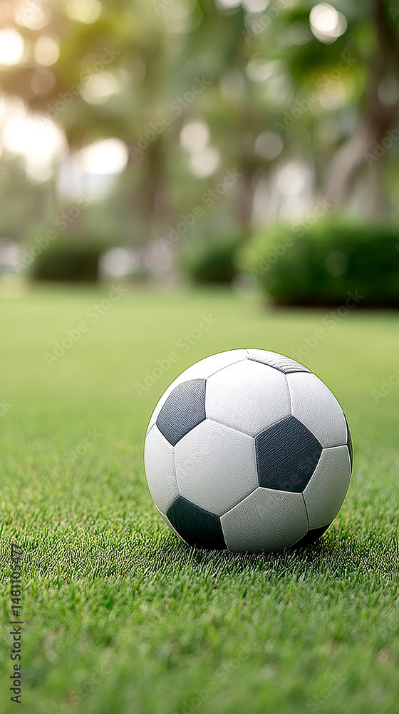 Fototapeta premium A classic black-and-white soccer ball rests on a green grassy field with blurred trees in the background.