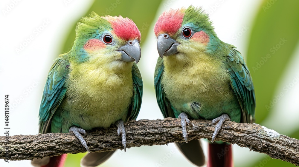 Obraz premium Two colorful parrots perched on a branch