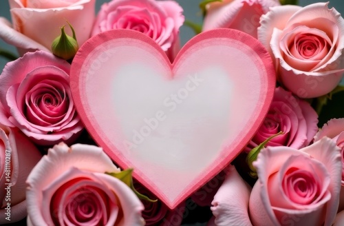 Pink heart-shaped card surrounded by delicate pink roses, creating a romantic atmosphere perfect for expressing love and affection in various occasions and celebrations