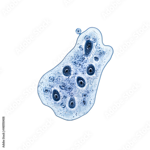 Amoeba proteus seen under microscope, isolated on a white background.