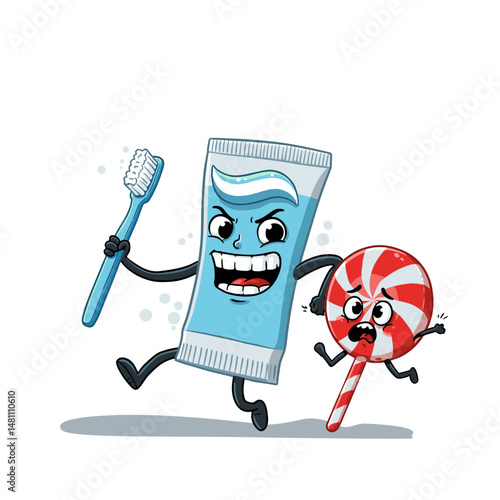 Funny toothpaste character with toothbrush chasing a scared lollipop candy, a cheeky food illustration about dental hygiene versus sweets with playful personalities