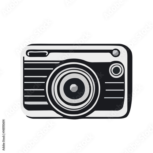 Greyscale vector illustration of a compact point and shoot camera, a classic graphic icon for photography, imaging, and retro tech themes