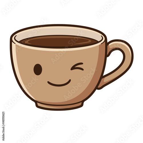 A cute kawaii coffee mug character winking with a playful smile, cheeky drink illustration perfect for cheerful animated stickers and whimsical art prints