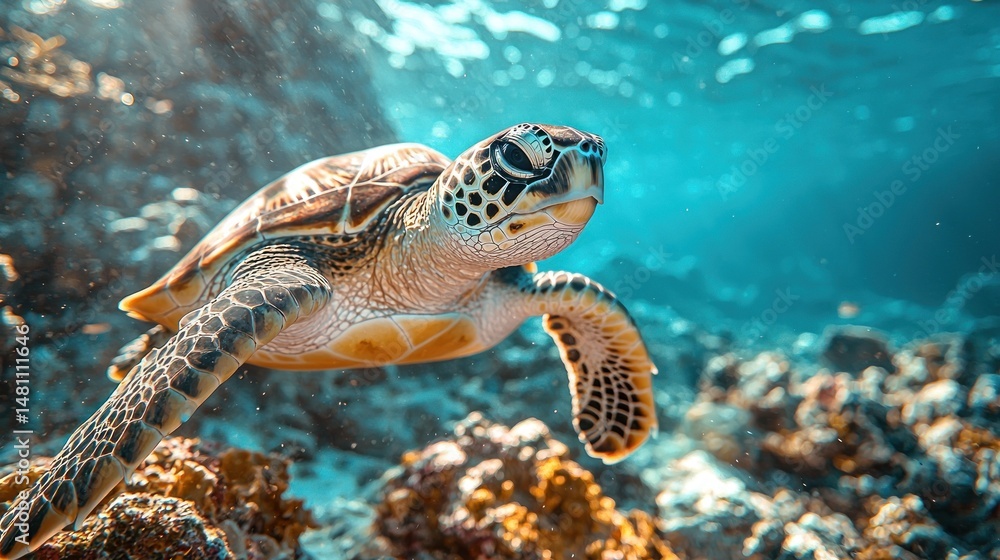 Fototapeta premium Sea turtle swimming over coral reef