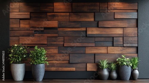 Modern Wooden Accent Wall with Decorative Potted Plants in Minimalist Interior