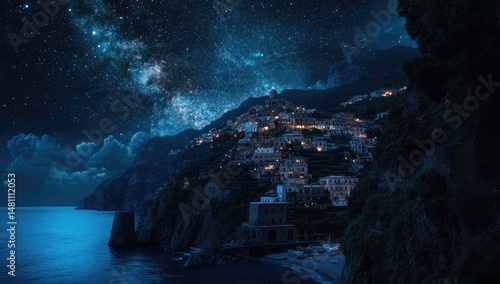 Coastal town bathed in moonlight, a galaxy of stars above