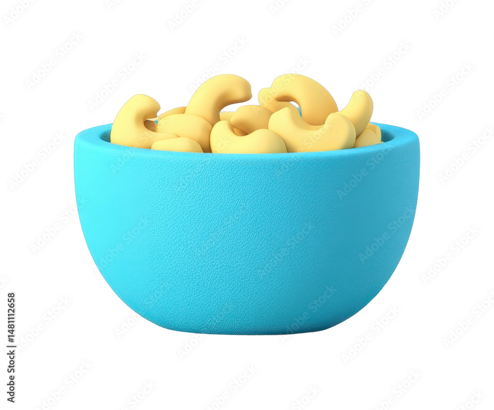 Blue bowl filled with elbow macaroni on plain background, cut out - stock png.