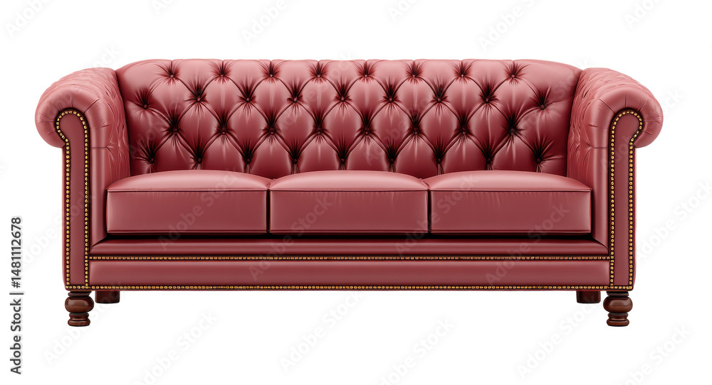 Fototapeta premium Luxurious red leather sofa with tufted back and rolled arms, perfect for elegant living room comfort and style