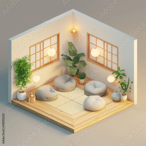 isometric D meditation room with cushions and plants soft lighting .