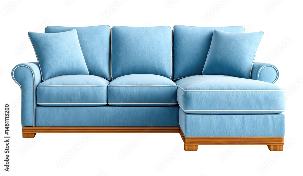 Cozy light blue sectional sofa with plush cushions and wooden base, perfect for comfortable living room seating Cozy light blue sectional sofa with plush cushions and wooden base, perfect for comfortable living room seating