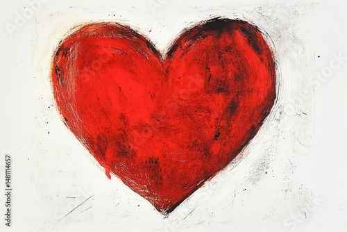 Abstract heart shape, vibrant red paint with black texture, painted on white background