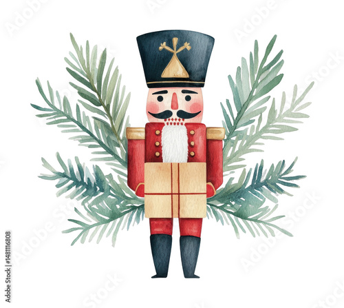 Traditional wooden nutcracker soldier with spruce branches, cut out - stock png.