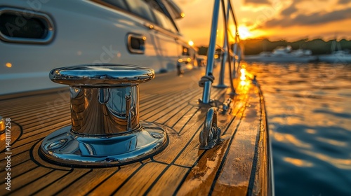 Polished deck fitting on a yacht at sunset