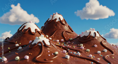 A delightful image of chocolate mountains with marshmallows, under a bright blue sky.