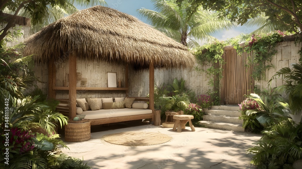 Relax Tropical Cabana With Authentic Thatched Walls And Sandstone Flooring Offering Lush Coastal Breeze Experience Relax Tropical Cabana With Authentic Thatched Walls And Sandstone Flooring Offering Lush Coastal Breeze Experience