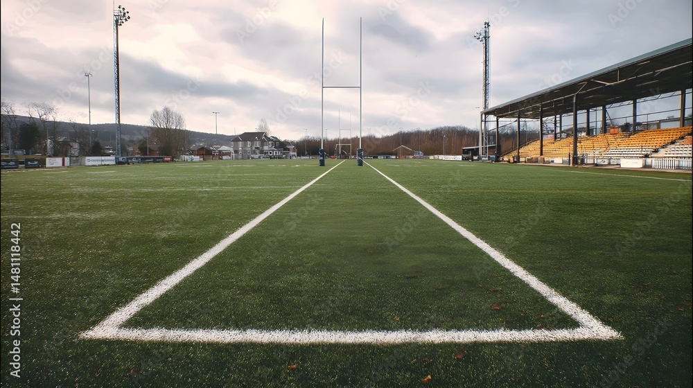 Fototapeta premium Host Thrilling Matches On Professional Rugby Pitch Featuring Padded Goal Posts For Ultimate Player Safety