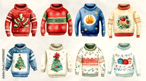 Colorful Watercolor Christmas Sweaters Clipart for Holiday Use
