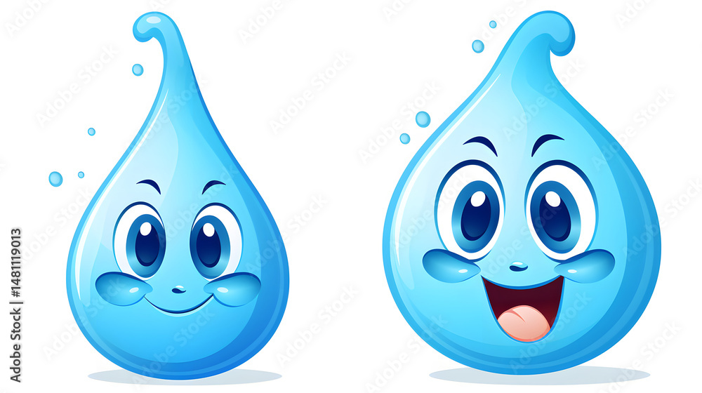 Water Drop Mascot Cartoon Vector Illustration Isolated on White Background - Playful and Friendly Water Character Design for Environmental Concepts and Education Materials Water Drop Mascot Cartoon Vector Illustration Isolated on White Background - Playful and Friendly Water Character Design for Environmental Concepts and Education Materials