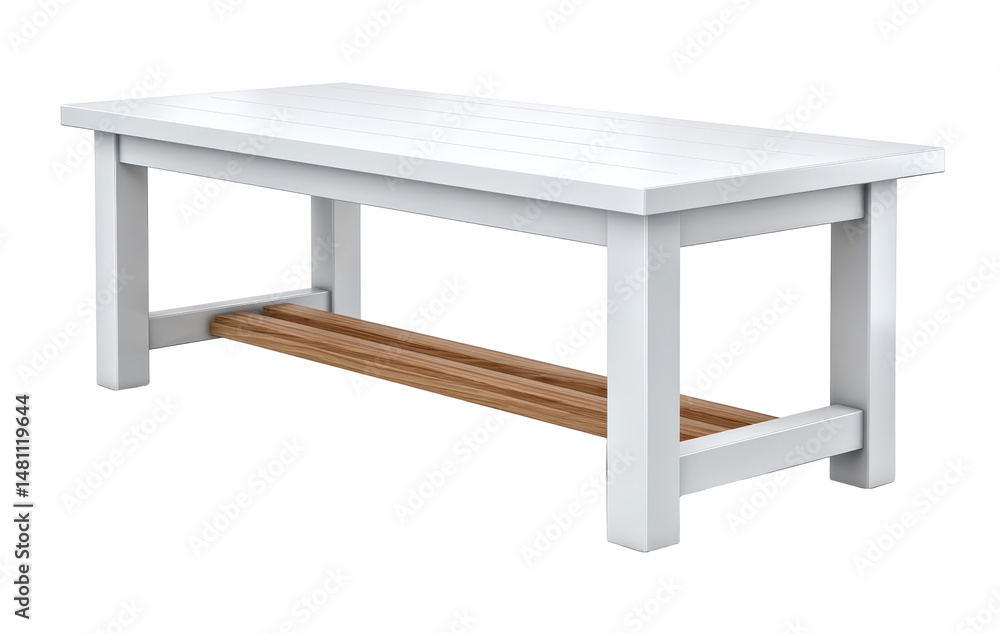 Minimalist white lacquered rectangular dining table with wooden lower shelf, modern and clean design for home Minimalist white lacquered rectangular dining table with wooden lower shelf, modern and clean design for home