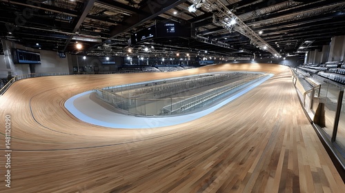 Cycling velodrome with banked wooden track offers high-speed racing venue for competitive cyclists and organizers