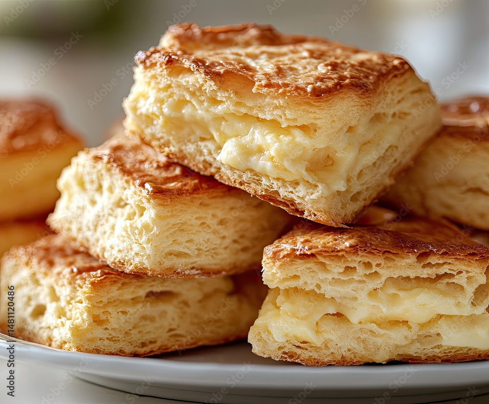 Stack of golden-brown pastries filled with creamy cheese Stack of golden-brown pastries filled with creamy cheese