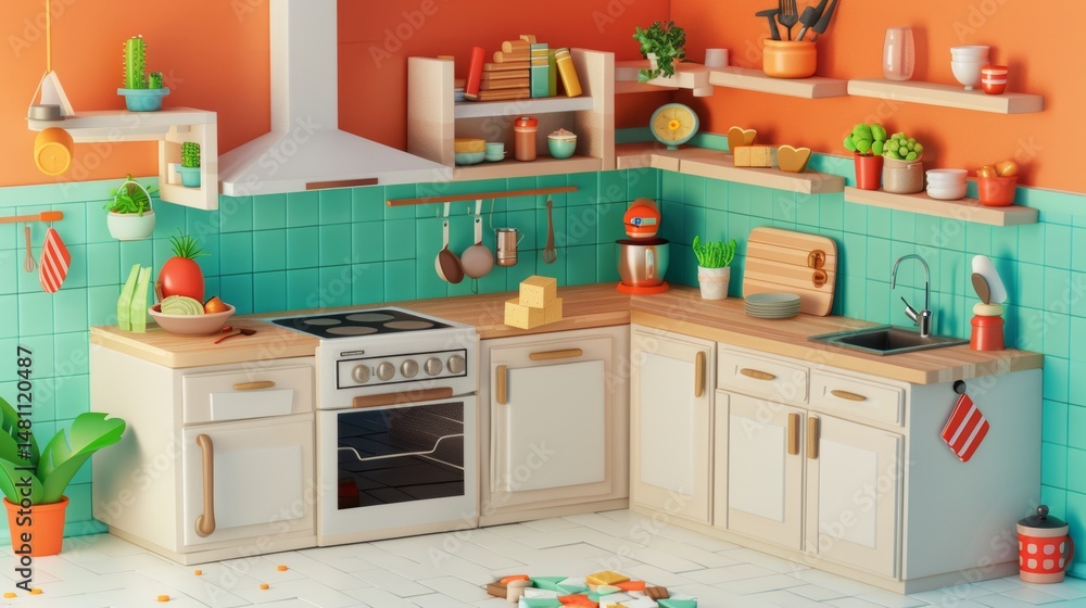 Fototapeta premium isometric D vegan kitchen with tofu and vegetables .