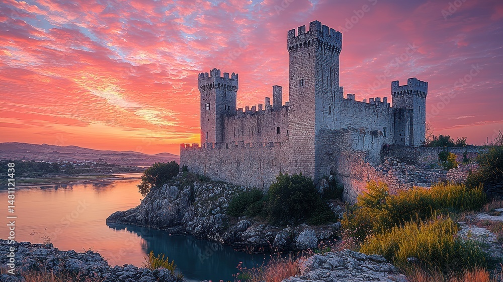 Fototapeta premium Majestic castle at sunrise over tranquil water