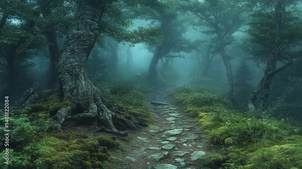 Fototapeta premium Misty forest path, gnarled trees, moss-covered ground
