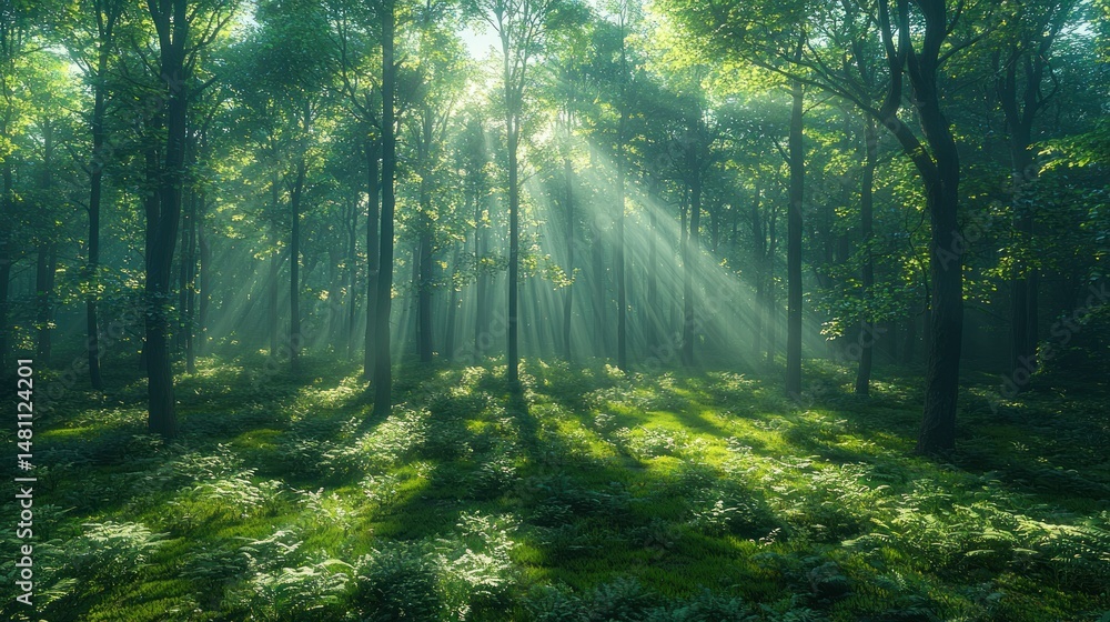 Obraz premium Sunlight streams through misty forest (6)