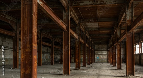 Wallpaper Mural Abandoned factory interior showing decay and neglect, with rusty metal beams and concrete floor Torontodigital.ca