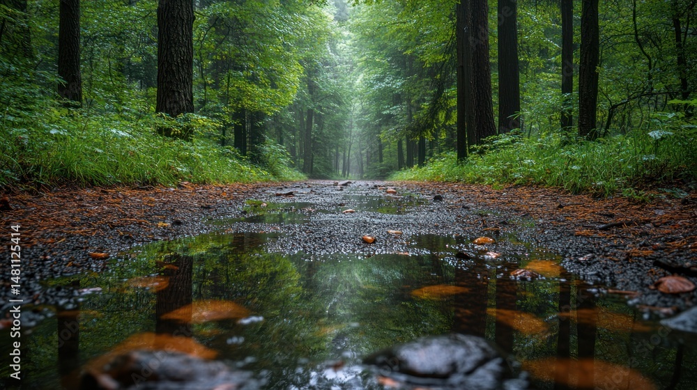 Obraz premium Forest path reflecting light in a puddle