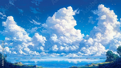 Serene seascape with fluffy clouds and a clear blue sky