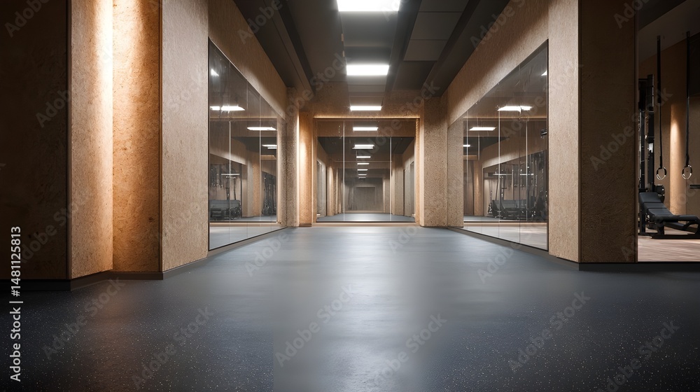Explore an Empty Fitness Gym Corridor Featuring Charcoal Rubber Flooring LED Accent Lighting Industrial Elements Explore an Empty Fitness Gym Corridor Featuring Charcoal Rubber Flooring LED Accent Lighting Industrial Elements