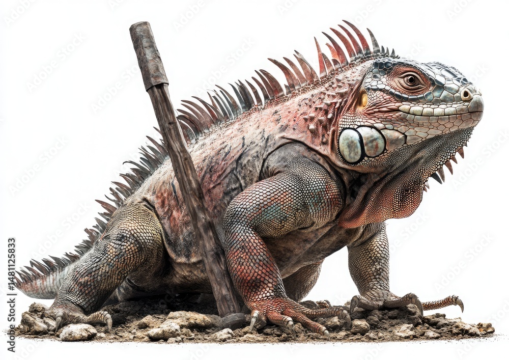 Obraz premium A large iguana, reddish-brown, sits on a bed of dirt, a stick protruding from the ground near it. Its scales are detailed, and the iguana is positioned in profile view