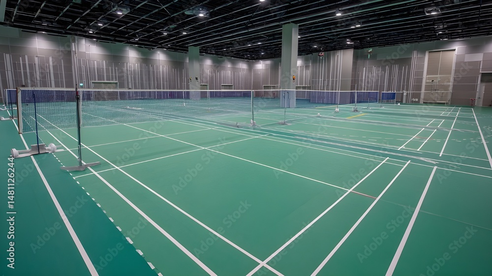 Obraz premium Elevate Your Game On A Competitive Badminton Court Featuring Taut Net Systems And Professional Markings