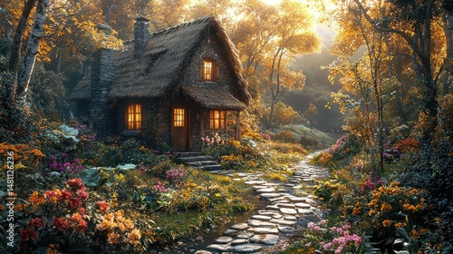 Rustic cottage nestled in a vibrant autumn forest