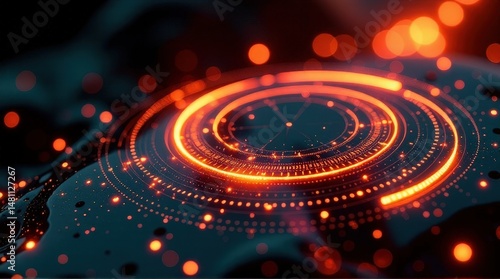 Futuristic glowing orange circuit design with digital rings and abstract background.
