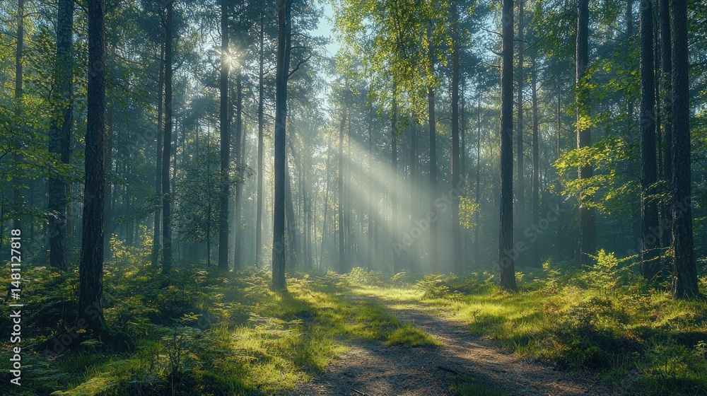 Naklejka premium Sunlight streams through misty forest path (1)