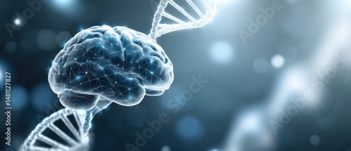 A digital brain and DNA strand, symbolizing the connection between genetics and neuroscience, on a blue abstract background.