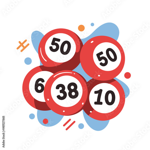 Bingo Balls with Numbers 10, 38, 50 Illustration. Colorful design, Hobby concept, Gaming, Design Asset, Icon