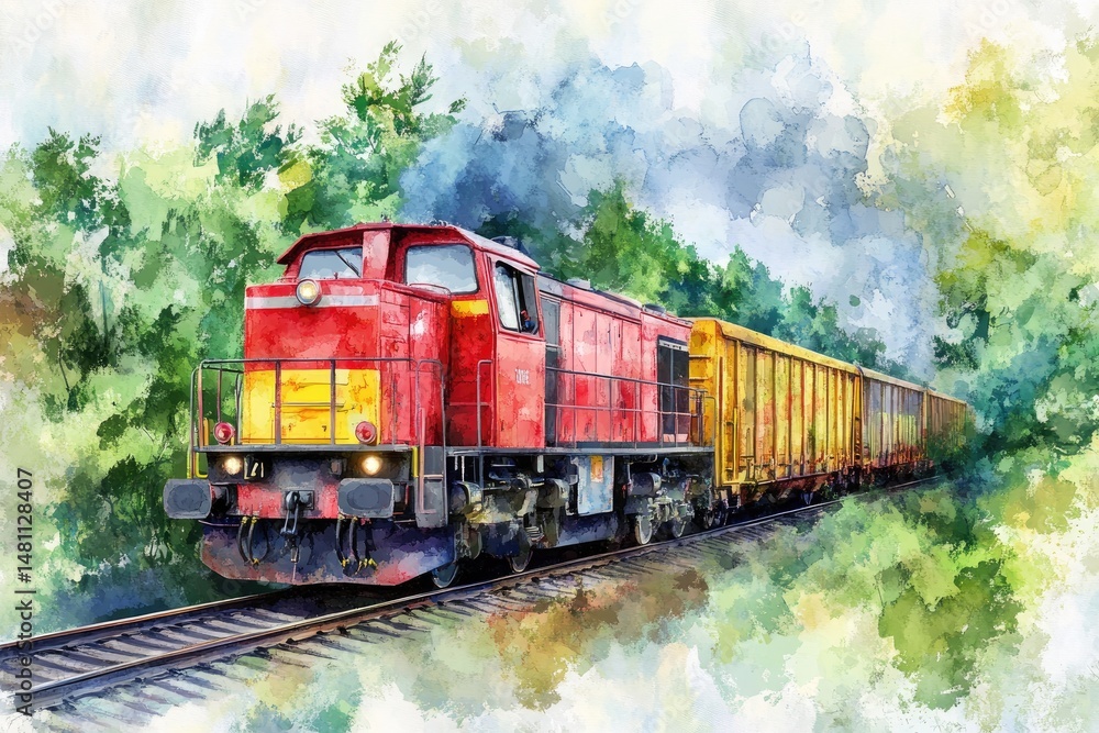 Fototapeta premium Red train through lush forest
