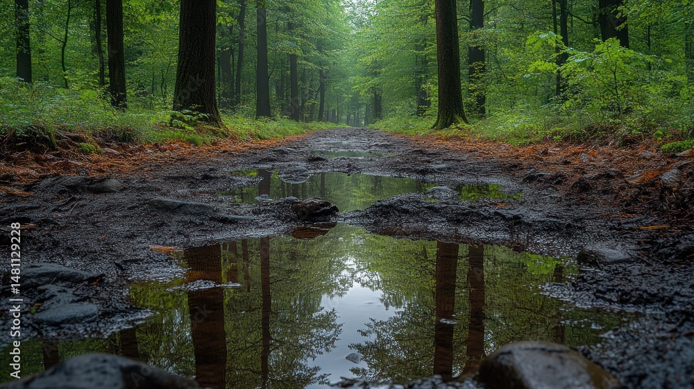 Obraz premium Muddy forest path reflecting trees in a puddle