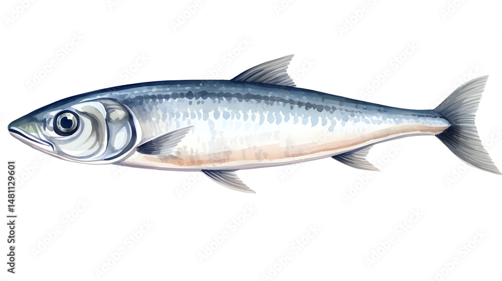 Detailed watercolor illustration of a single sardine fish isolated on white background Detailed watercolor illustration of a single sardine fish isolated on white background