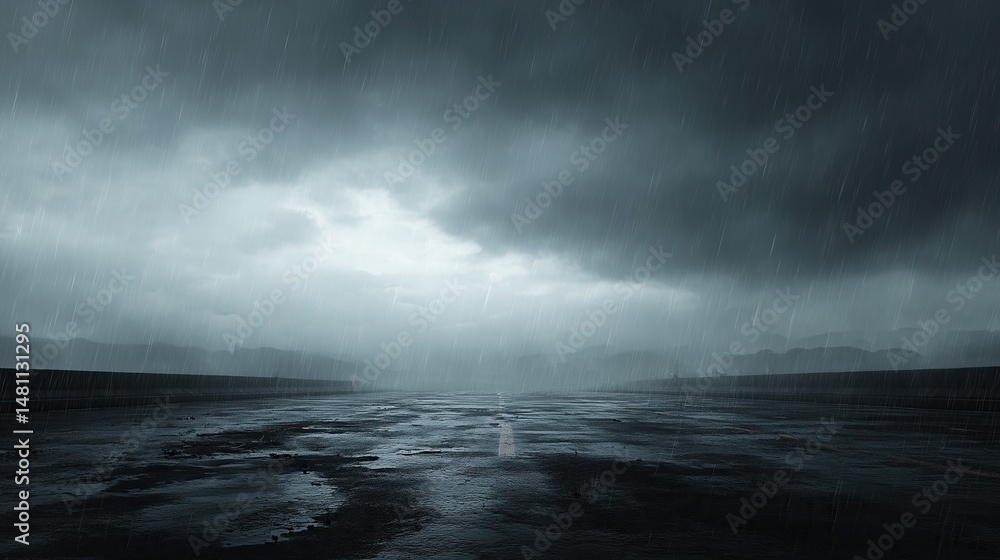 Fototapeta premium Dark Stormy Atmosphere: A captivating scene of a gloomy, rainy day, with a vast, open landscape under a dark, ominous sky, evoking a sense of solitude and raw natural power. 