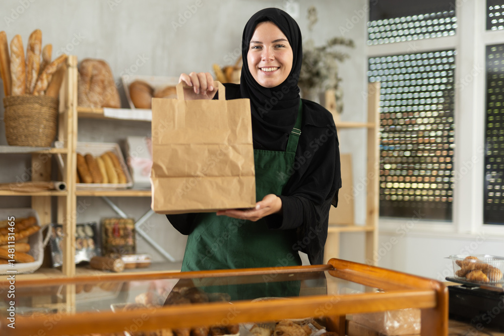 Muslim girl is working in sales area of bakery near counter, selling pastries. She puts croissants in disposable bag, packs goods, prepares order for buyer