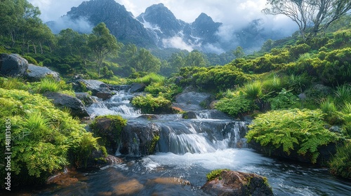 Mountain stream cascading through lush greenery