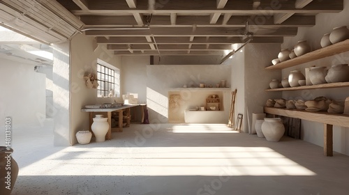 Empty home pottery garage features cream white walls, clay wheel stations ready for creative artisanship
