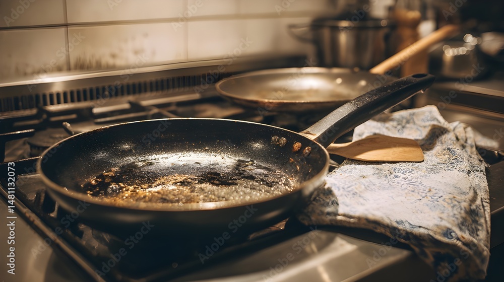 Watch scorched frying pan lifted away and replaced with gleaming non-stick cookware for effortless cooking Watch scorched frying pan lifted away and replaced with gleaming non-stick cookware for effortless cooking